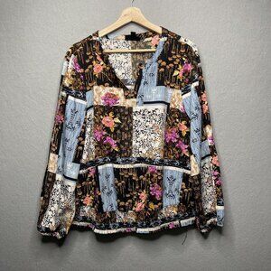 Thalia Sodi Womens Floral Patchwork Blouse XL Long Sleeve V-Neck Polyester Spand